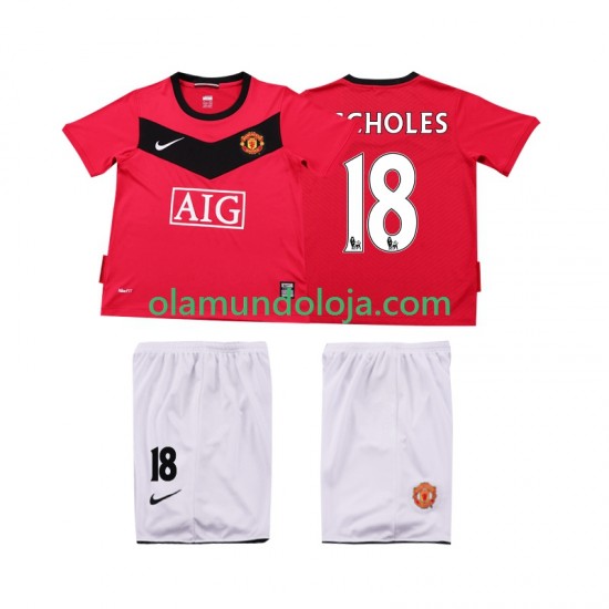 Camisola Manchester United SCHOLES 18 2009 Retro Criança Equipamento Primeiro 2010 Manga Curta